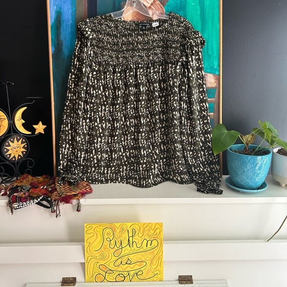 Zac & Rachel Green and Cream Smocked Blouse XL - Picture 2 of 16